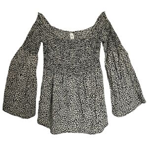 Vanilla Bay off-the-shoulder bell sleeve leopard print top